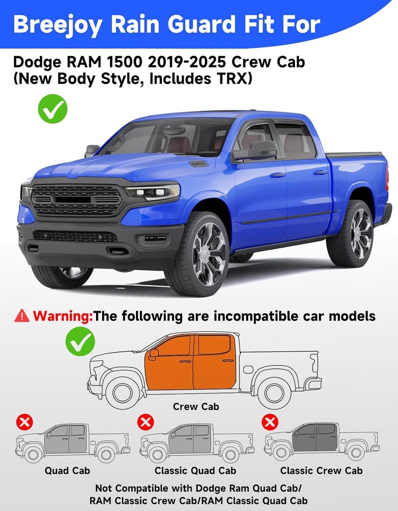 Breejoy in-Channel Window Rain Guards Fit for Dodge RAM 1500 (New Body Style Includes TRX) 2019-2026 Crew Cab Truck, Extra Durable Vent Visors Window Deflector Vent Shades Car Accessories -4 pcs - Image 3
